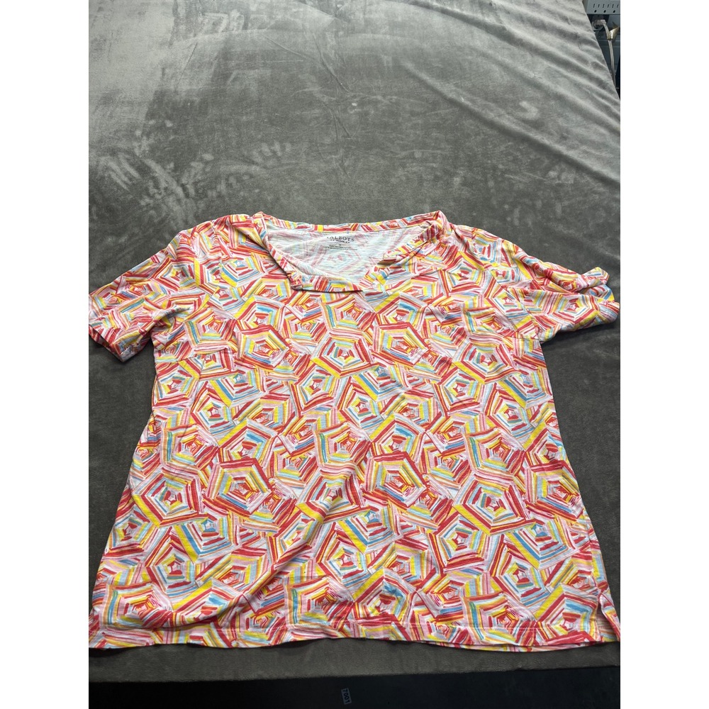 Talbots Woman 1X Cotton Slub Tee Colorful Geometric‎ Umbrella Print Split Neck